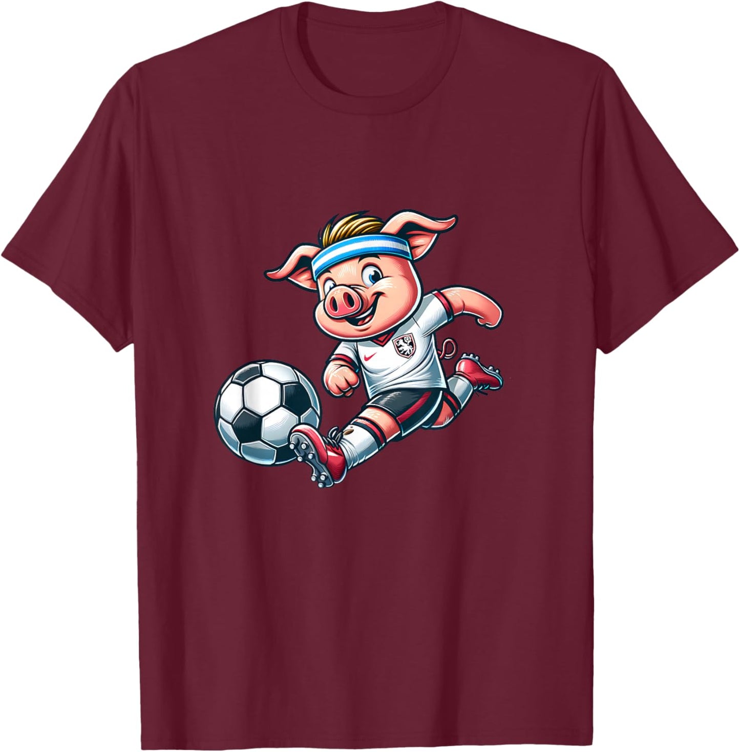 Football Pig Mascot Playing Soccer Cartoon Striker T-Shirt - T-Shirt | Maroon