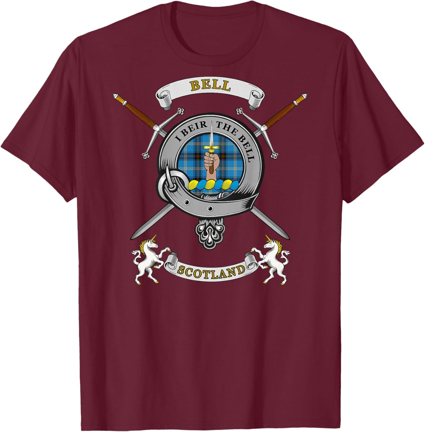 Bell Scottish Clan Badge Tartan & Swords (Back) T-Shirt - T-Shirt | Maroon