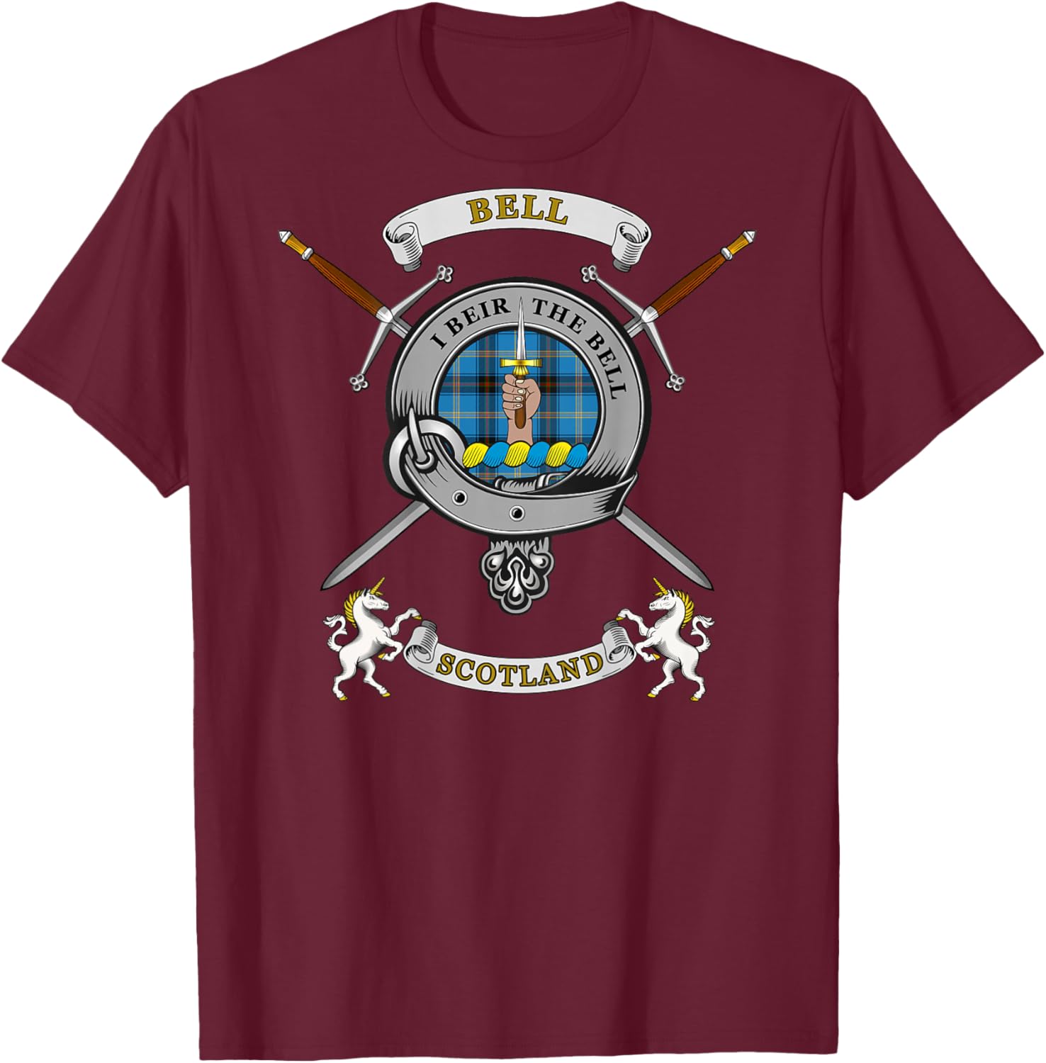 Bell Scottish Clan Badge Tartan & Swords (Back) T-Shirt - T-Shirt | Maroon
