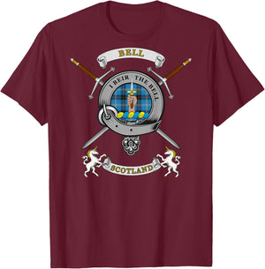 Bell Scottish Clan Badge Tartan & Swords (Back) T-Shirt - T-Shirt | Maroon