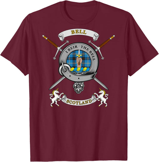 Bell Scottish Clan Badge Tartan & Swords (Back) T-Shirt - T-Shirt | Maroon