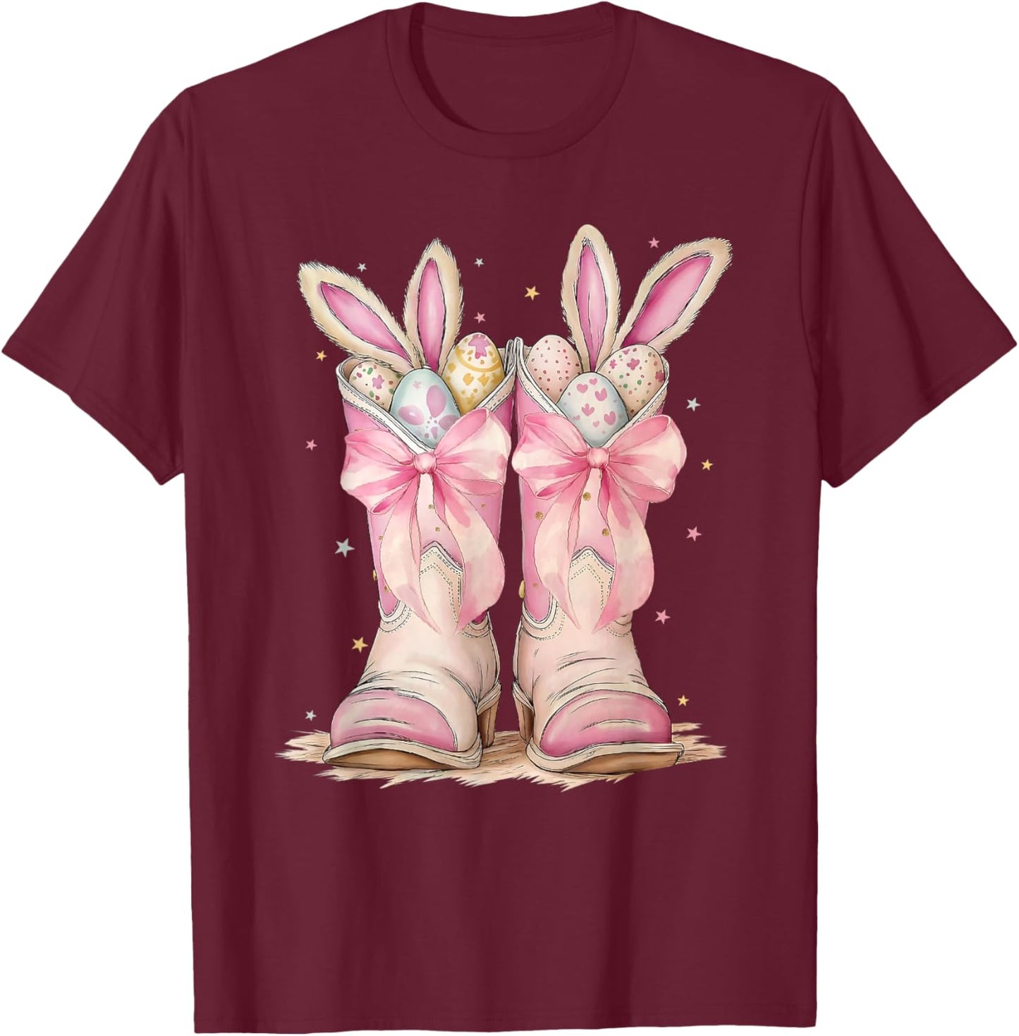 Boots Coquette Bow Bunny Rabbit Eggs Easter Cowboy Western T-Shirt - T-Shirt | Maroon
