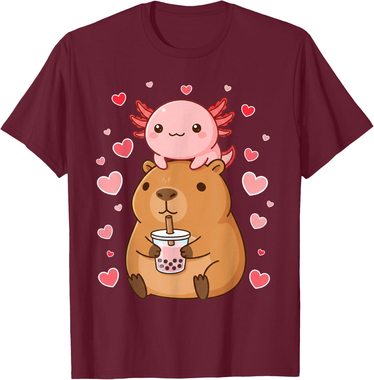 Cute Kawaii Axolotl Capybara Bubble Tea Boys Girls Valentine T-Shirt - T-Shirt | Maroon