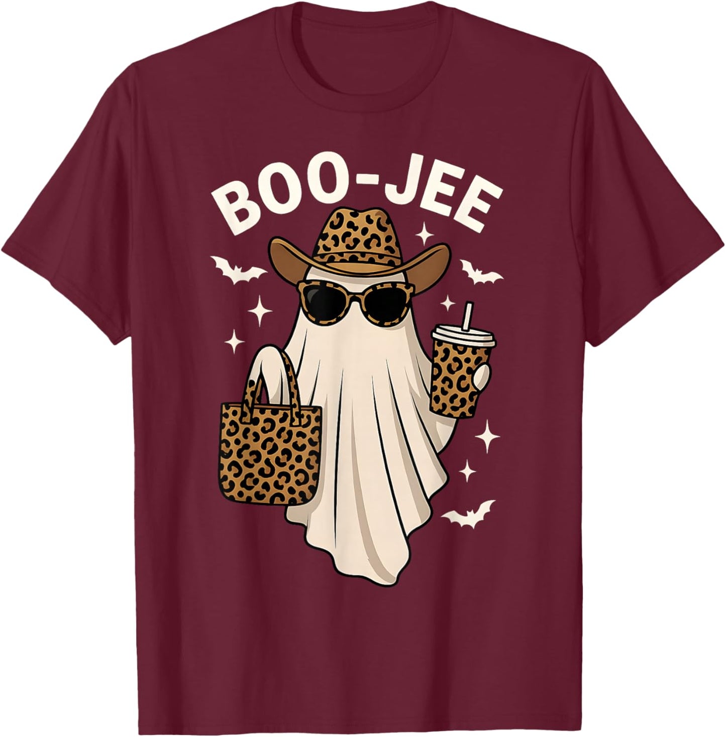 Boo JEE Ghost Halloween Cute Leopard Cowgirl Boujee Costume T-Shirt - T-Shirt | Maroon