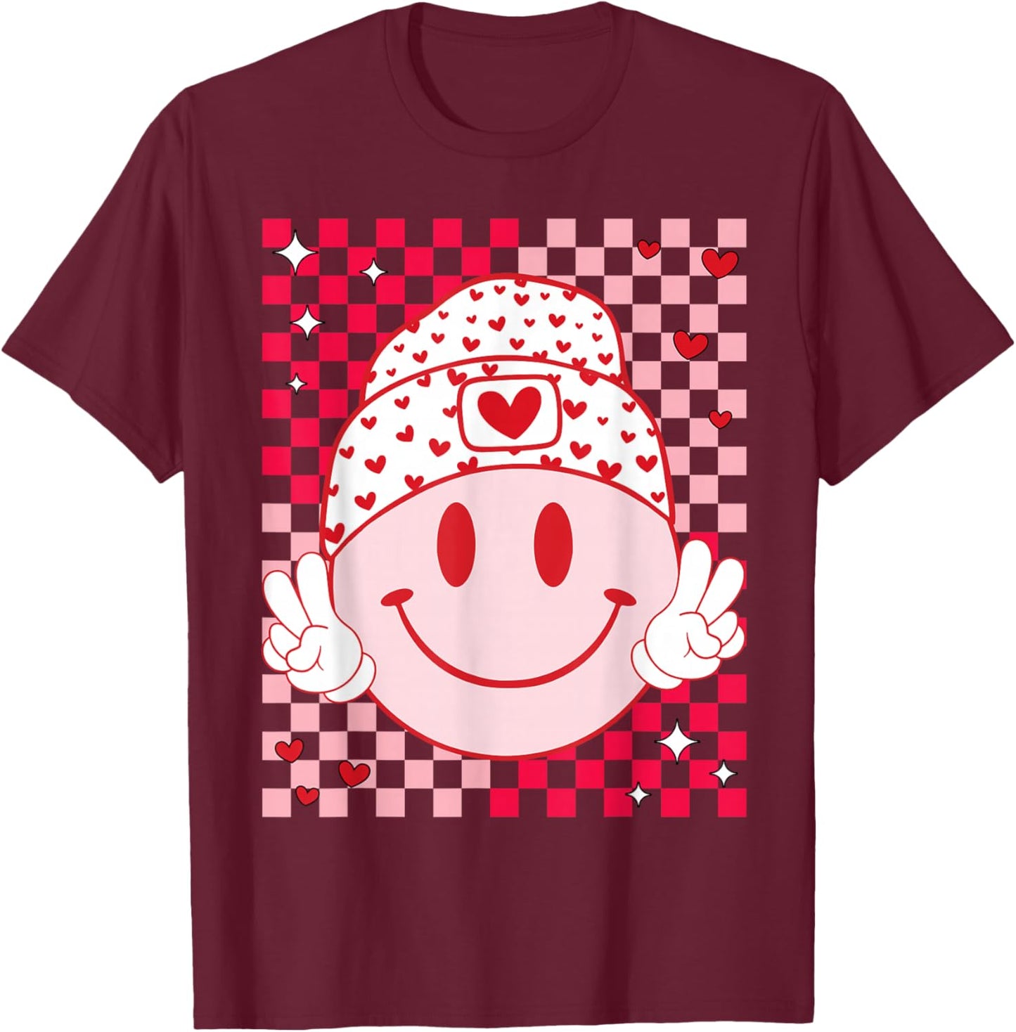 Groovy Valentine Vibes Cute Heart Happy Valentines Men Women T-Shirt - T-Shirt | Maroon