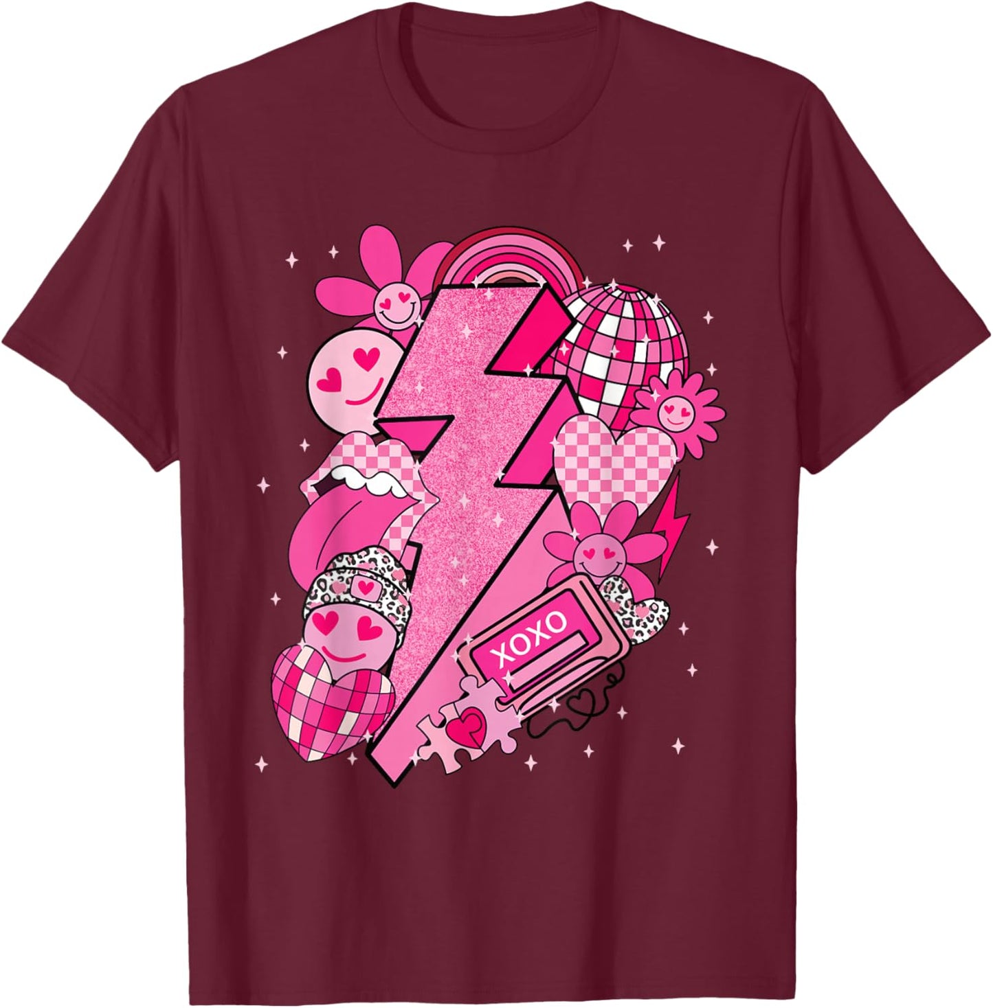 Valentine Love Lightning Bolt Disco Hearts Y2K Retro Graphic T-Shirt - T-Shirt | Maroon