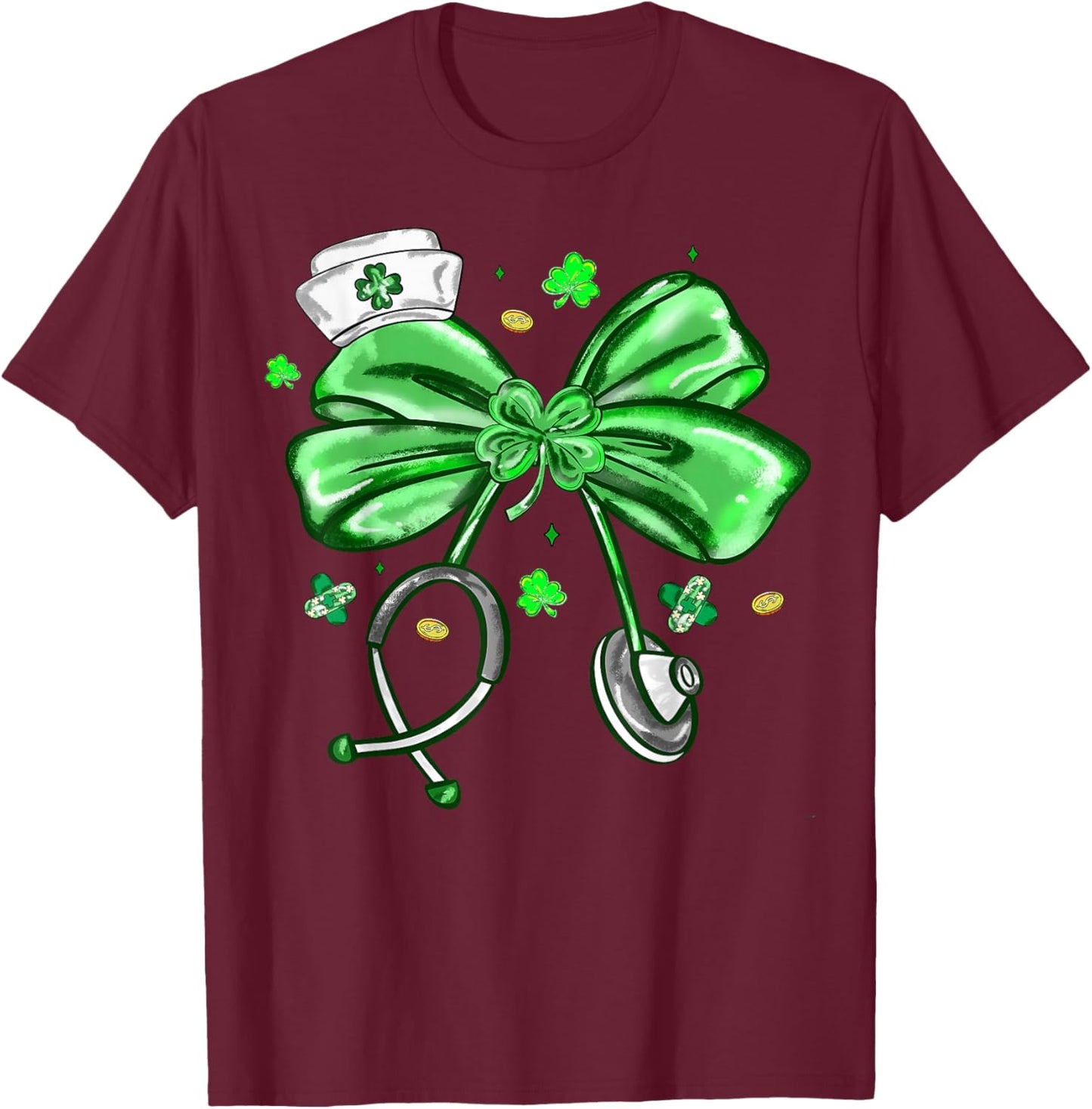 St Patrick's Day Nurse Coquette Bow Stethoscope Girl Women T-Shirt - T-Shirt | Maroon
