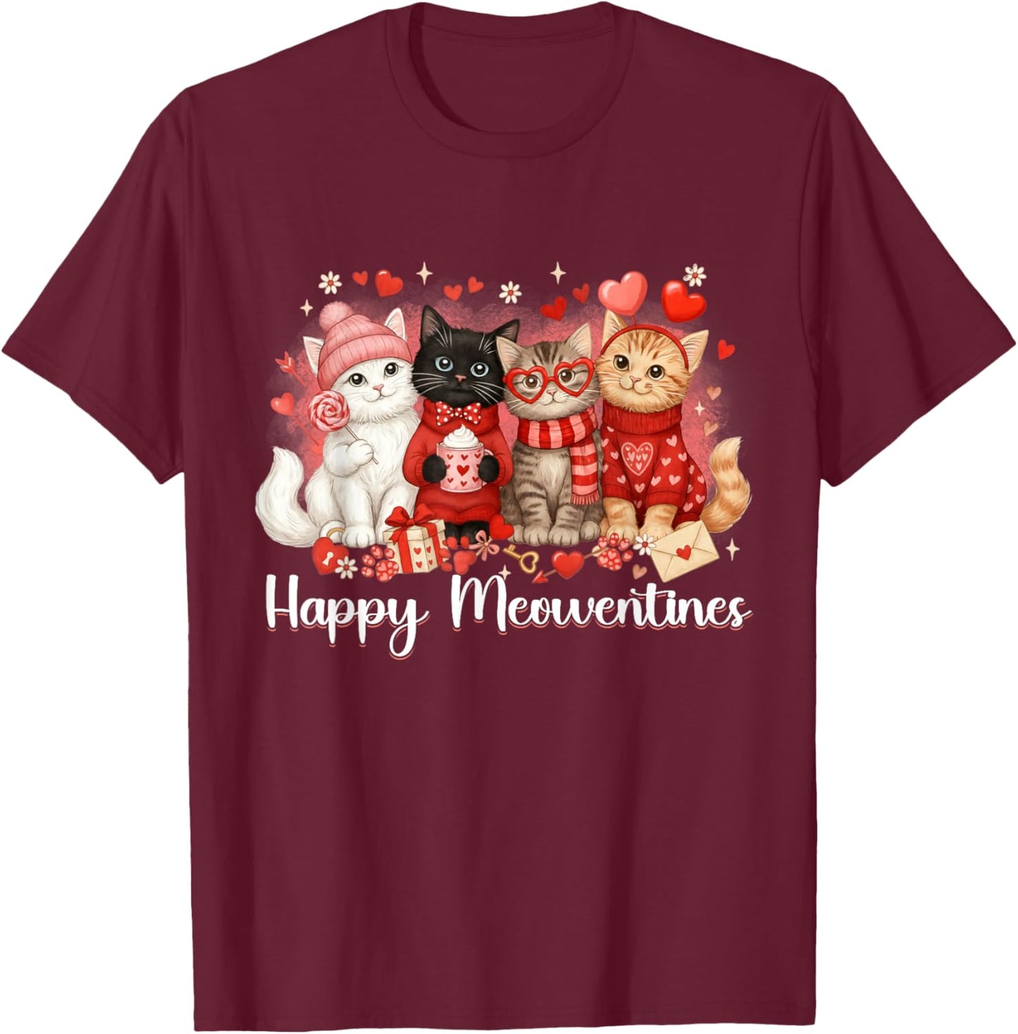 Cute Valentine Cat Lovers Happy Meowentines Girls Women Kid T-Shirt - T-Shirt | Maroon