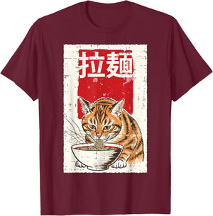 Japanese Orange Cat Ramen Noodles Ukiyo-e Art Men Women Kids T-Shirt - T-Shirt | Maroon