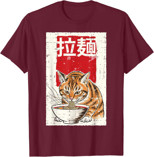 Japanese Orange Cat Ramen Noodles Ukiyo-e Art Men Women Kids T-Shirt - T-Shirt | Maroon