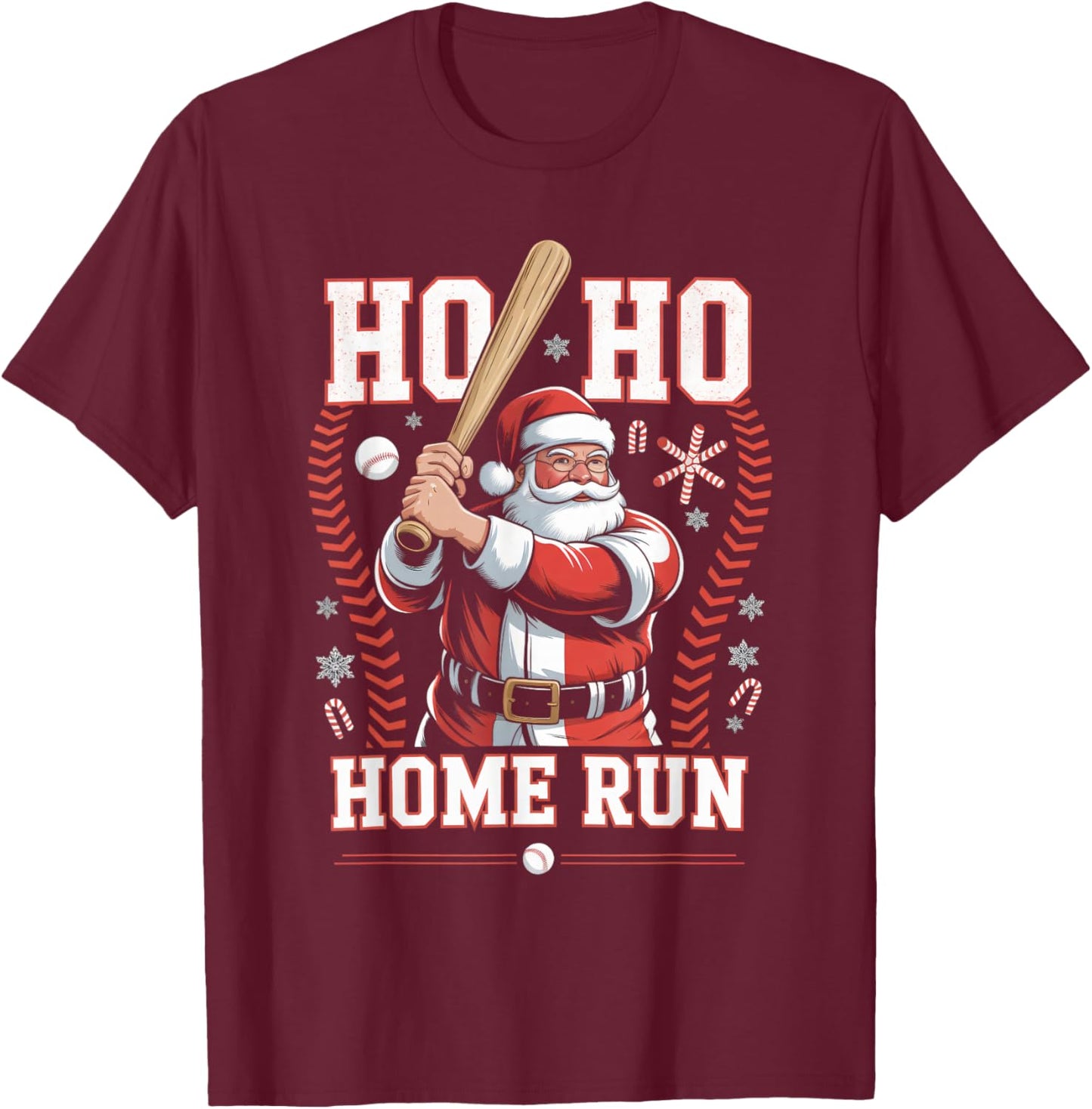 Ho Ho Home Run Baseball Christmas Funny Holiday Sports Santa T-Shirt - T-Shirt | Maroon