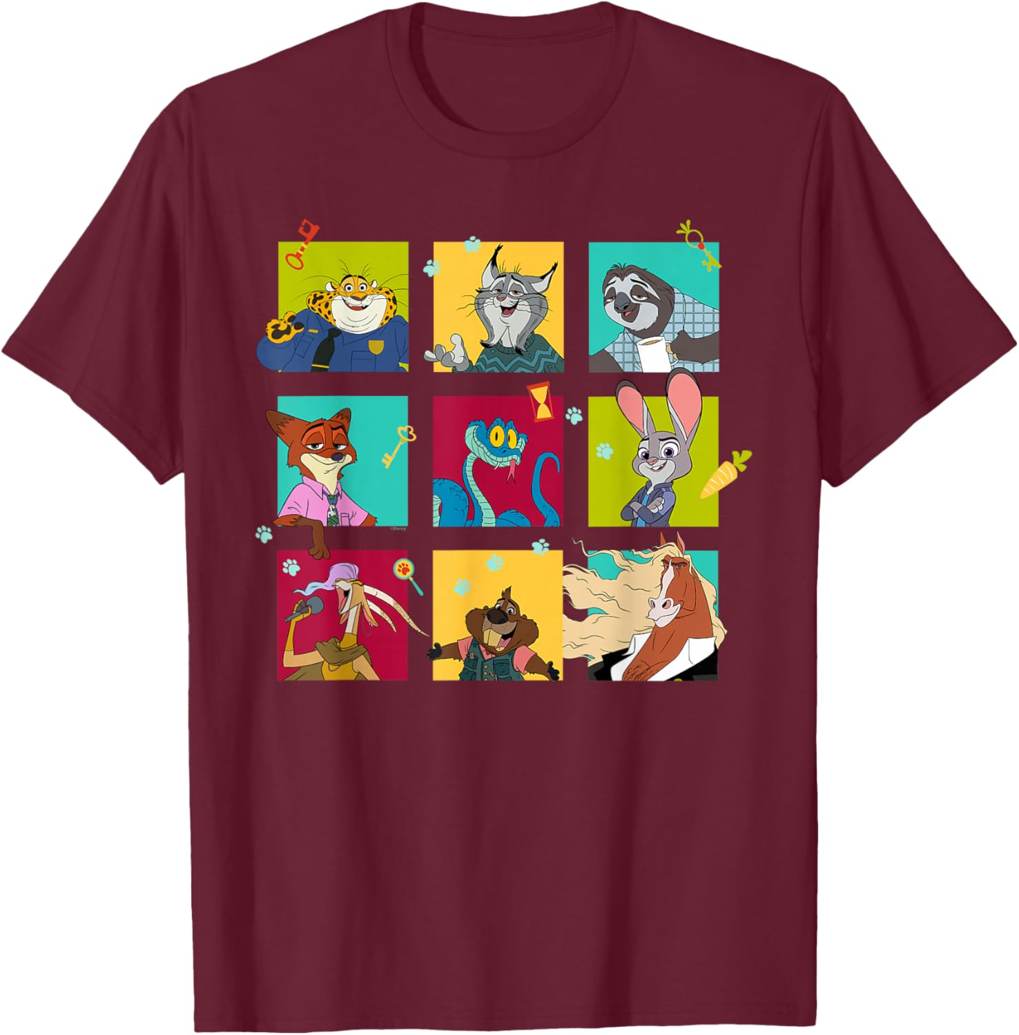 Disney Zootopia 2 Illustrated Characters Grid T-Shirt - T-Shirt | Maroon