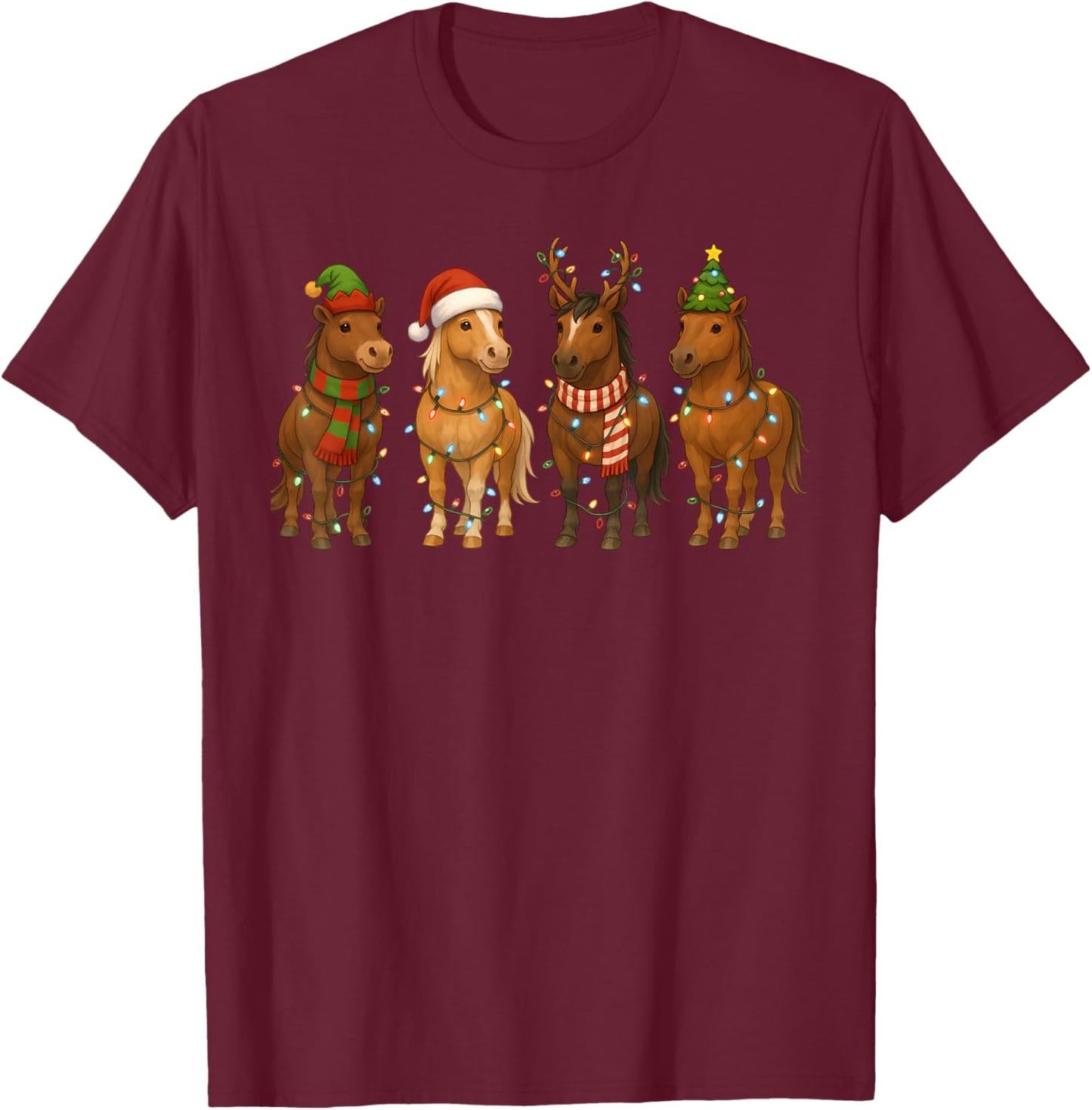 Cute Horse Christmas Pajama Funny Xmas Lights Animals Lover T-Shirt - T-Shirt | Maroon