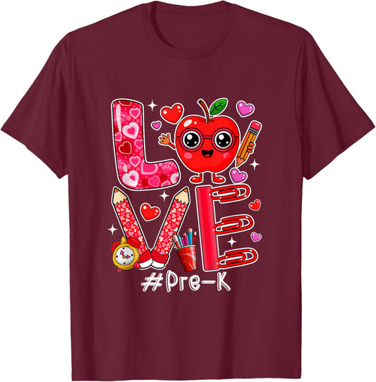 Love Pre-K Cute Hearts Valentine's Day Students Teacher T-Shirt - T-Shirt | Maroon