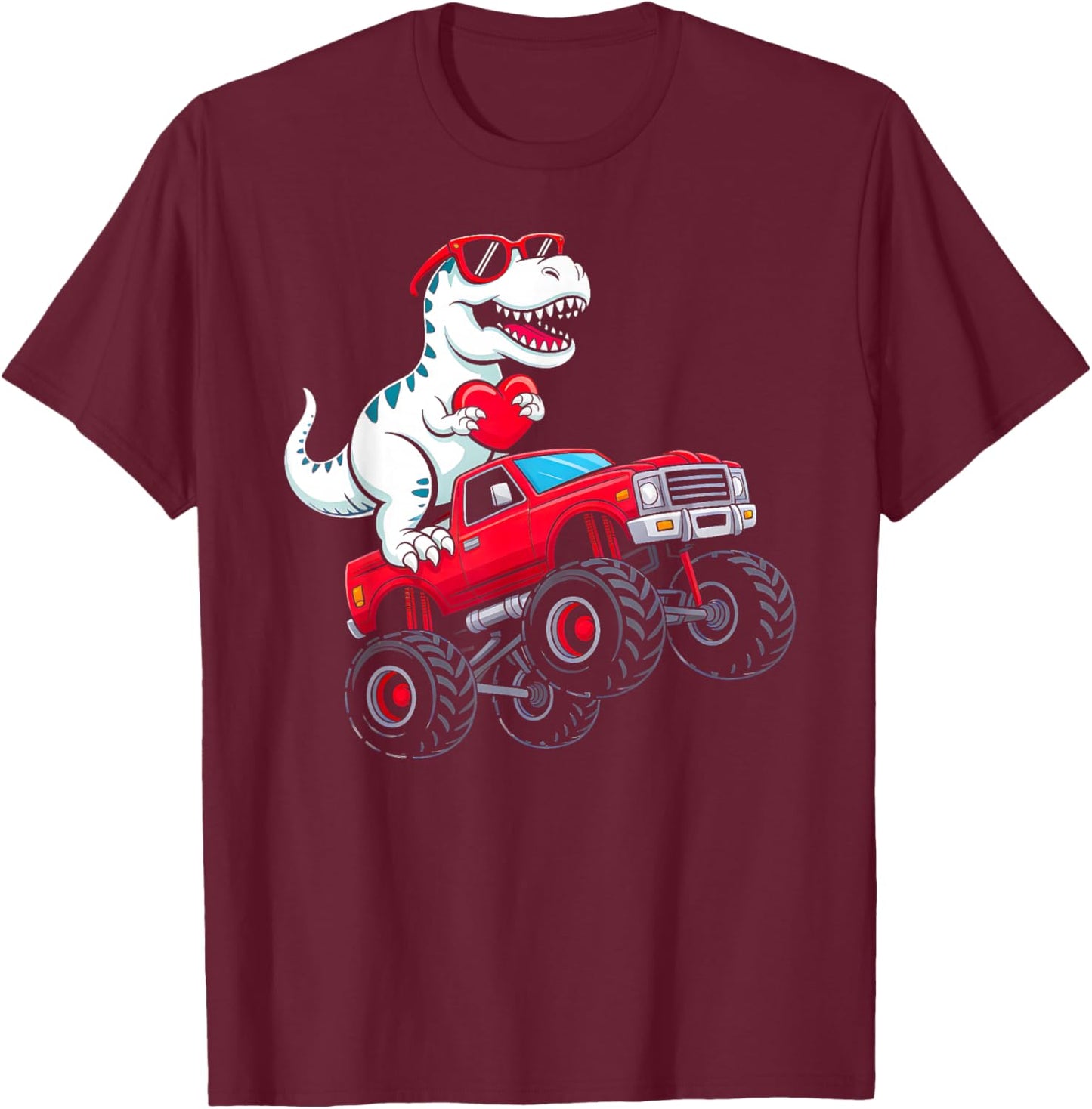 Valentines Day Dinosaur T Rex Riding Truck Toddler Boys Kids T-Shirt - T-Shirt | Maroon