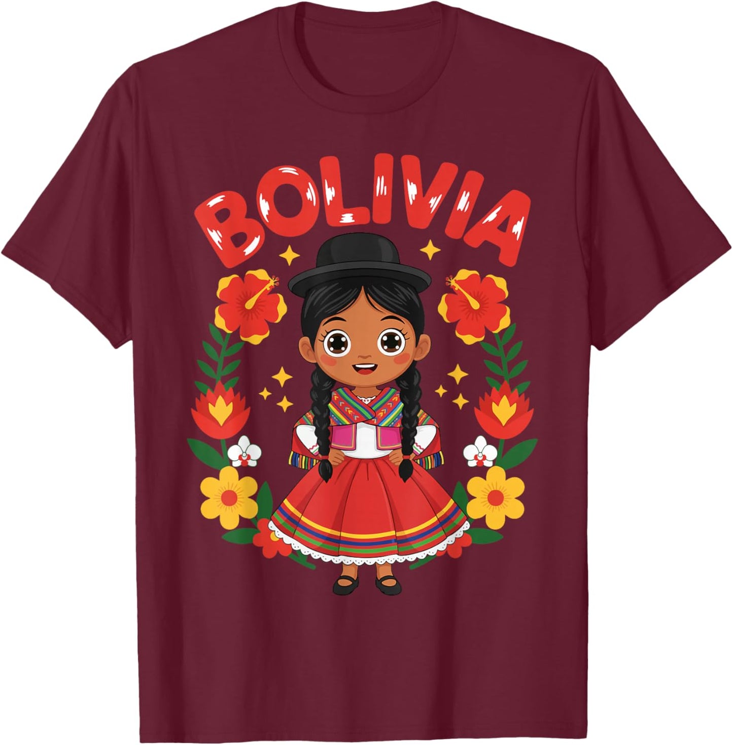 Bolivia Bolivian Girl Traditional Dress Flowers Heritage T-Shirt - T-Shirt | Maroon
