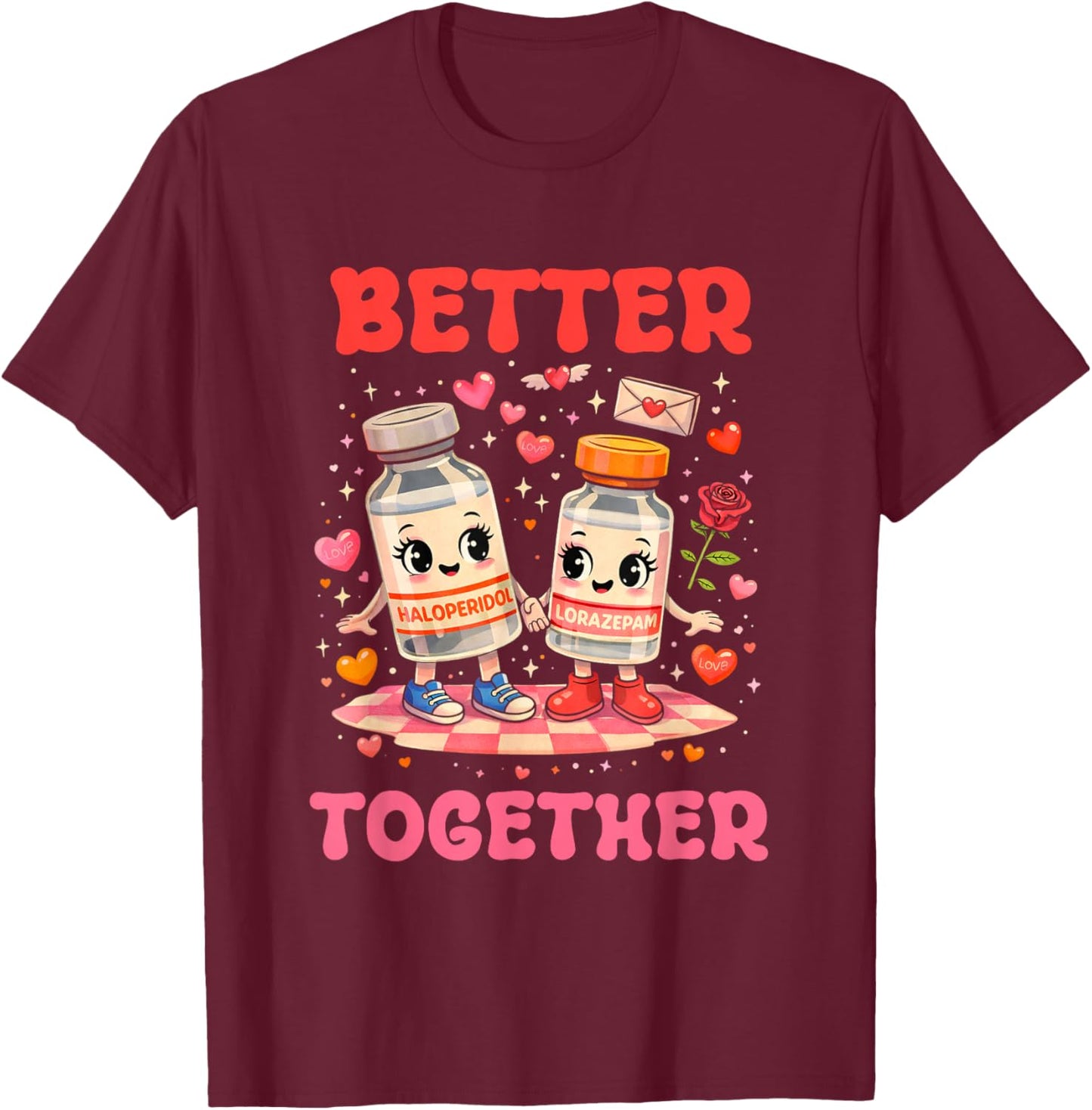 Valentine Better Together Nurse Pink Bow RN PCT CNA Nurse T-Shirt - T-Shirt | Maroon