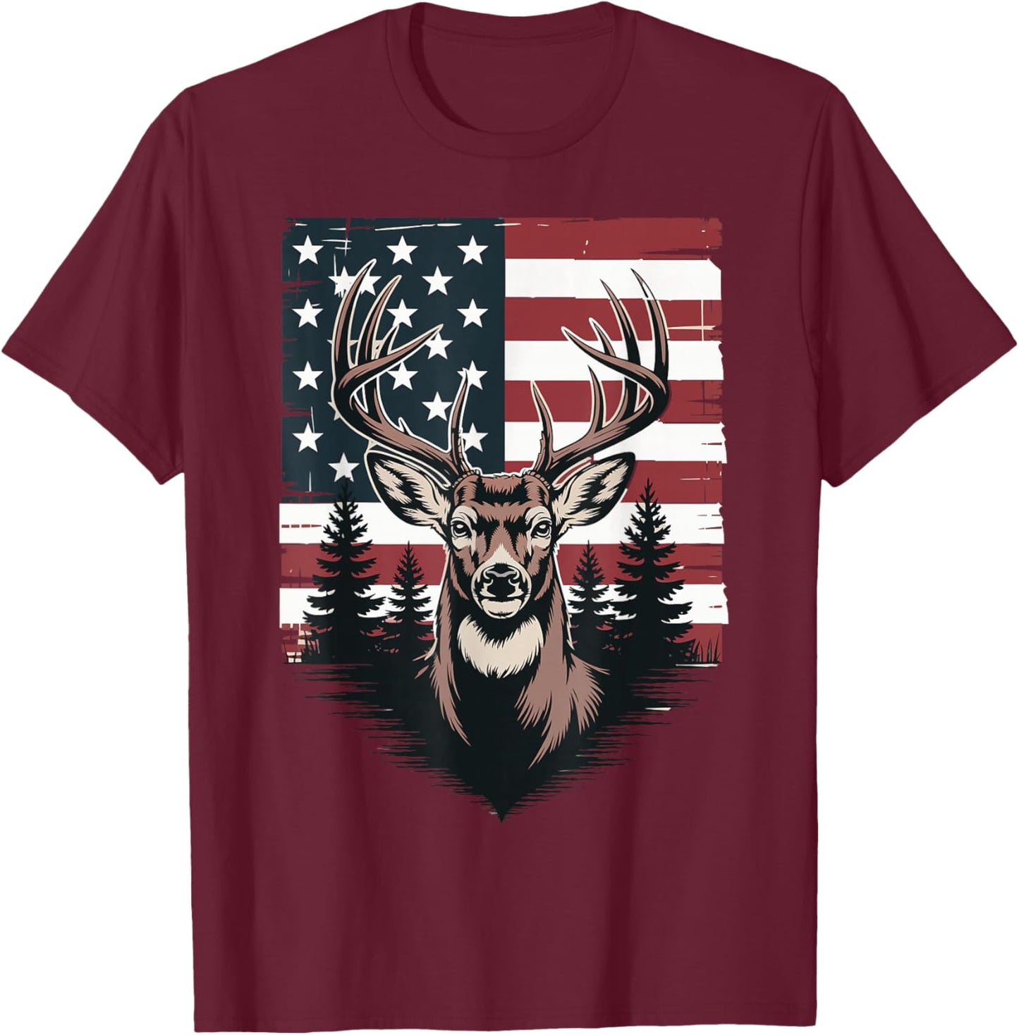 Deer Hunting American Flag Whitetail Buck Antlers Design T-Shirt - T-Shirt | Maroon