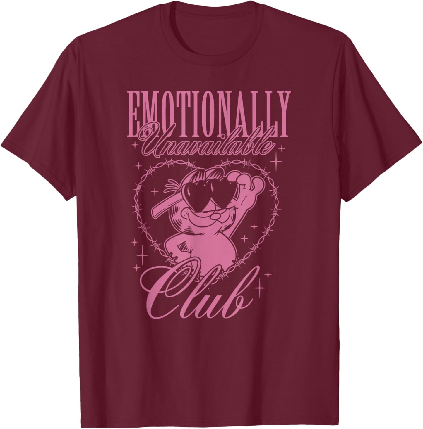 Garfield Emotionally Unavailable Heart Shaped Barbed Wire T-Shirt - T-Shirt | Maroon