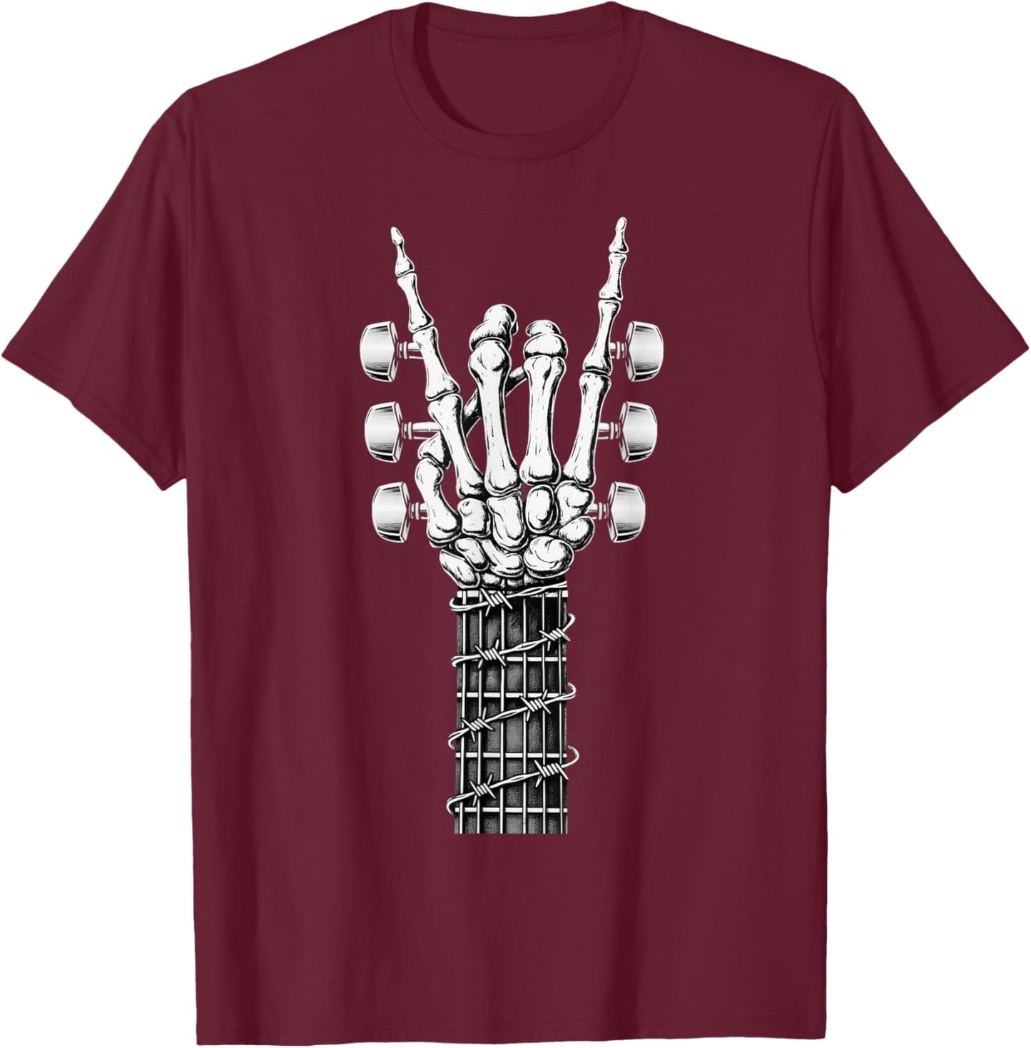 Rock On Hand Skeleton Guitar Rock and Roll Music Lover Retro T-Shirt - T-Shirt | Maroon