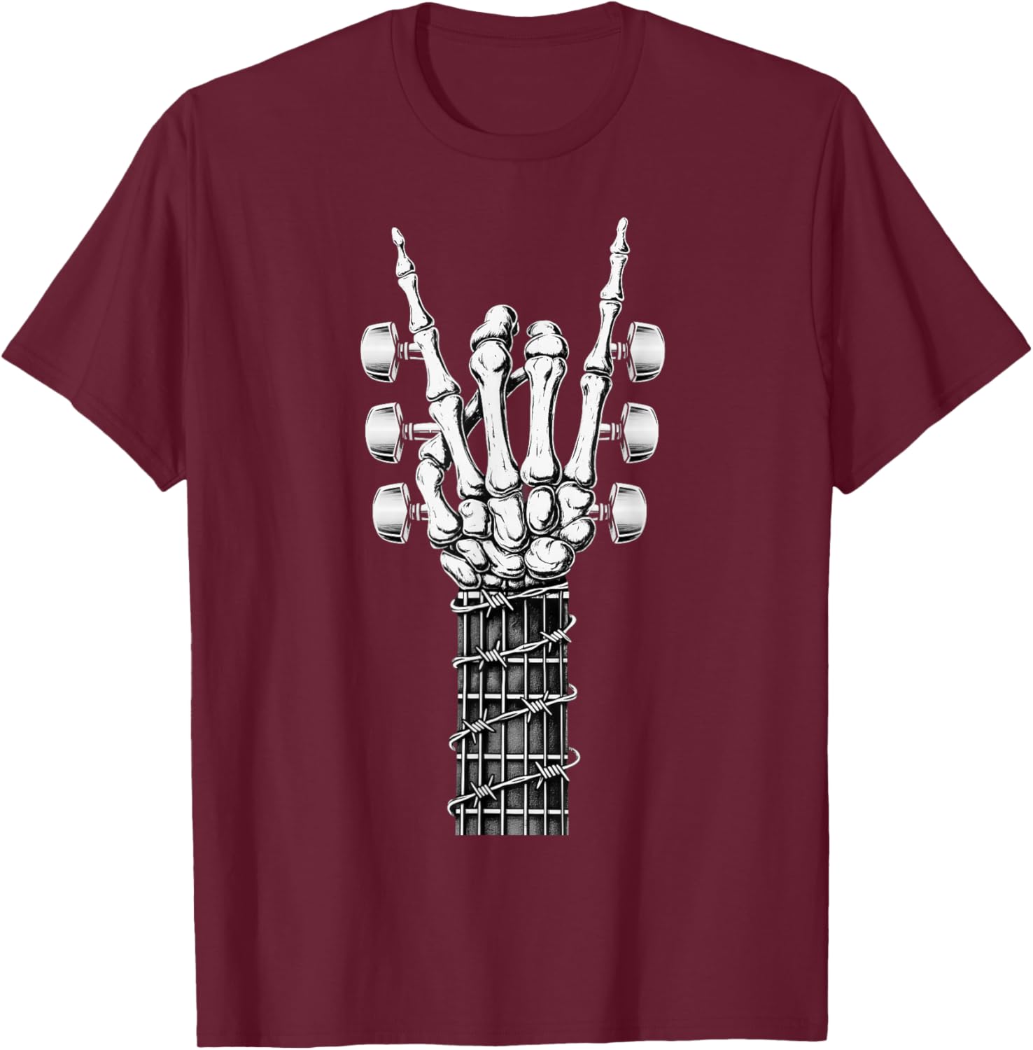 Rock On Hand Skeleton Guitar Rock and Roll Music Lover Retro T-Shirt - T-Shirt | Maroon
