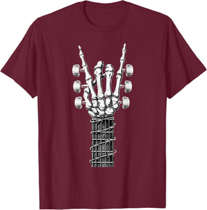 Rock On Hand Skeleton Guitar Rock and Roll Music Lover Retro T-Shirt - T-Shirt | Maroon