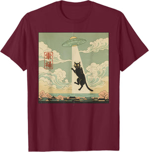Vintage Japanese Cat Alien Cat Dad UFO Abduction T-Shirt - T-Shirt | Maroon