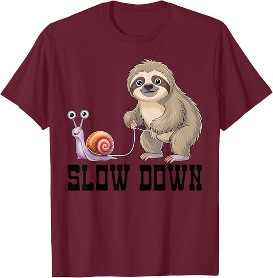 Slow Down Funny Sloth and Snail Cute Cartoon Humor T-Shirt - T-Shirt | Maroon