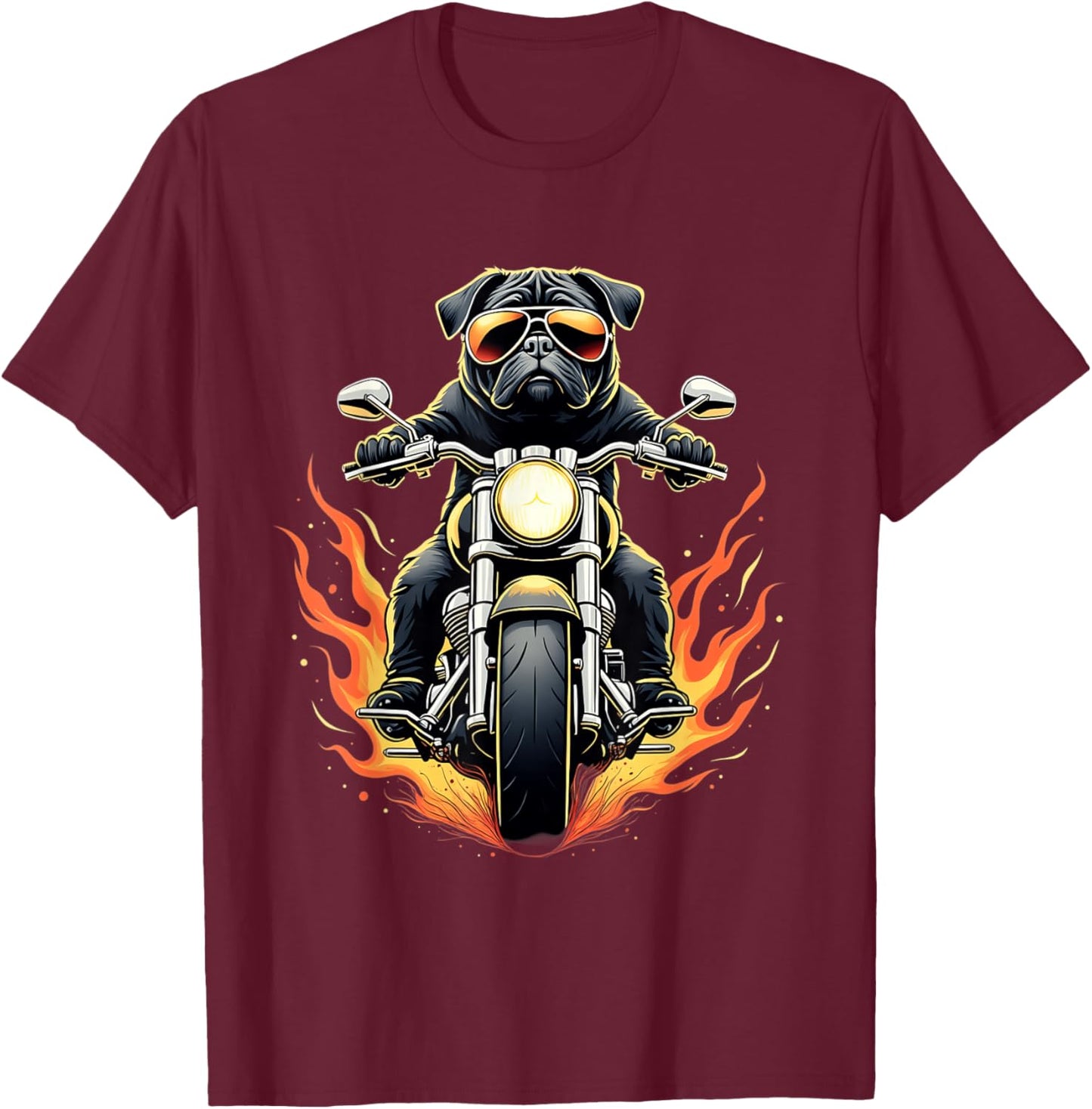 Funny Pug Riding a Motorcycle Design Black Pug Lovers T-Shirt - T-Shirt | Maroon