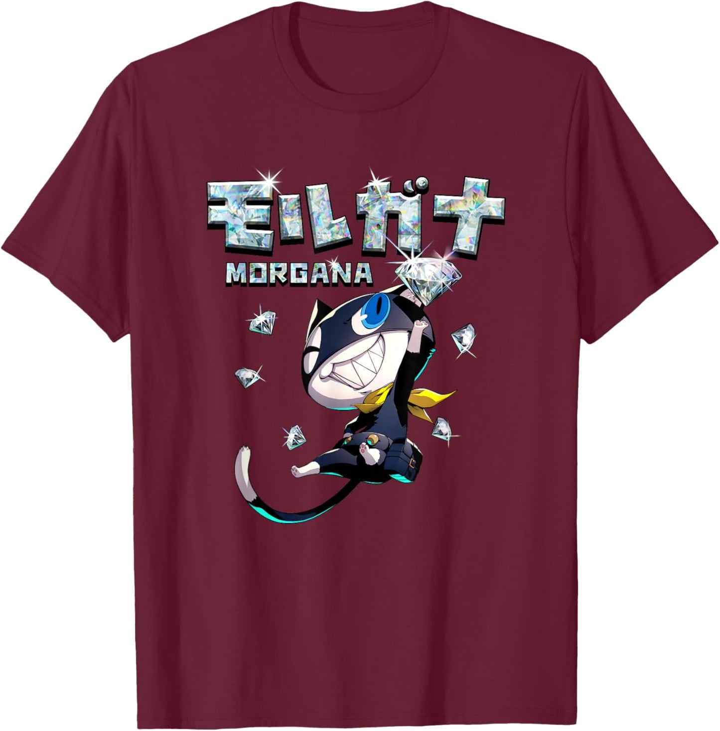 Persona 5 Morgana with Kanji and Diamonds RPG Video Game T-Shirt - T-Shirt | Maroon