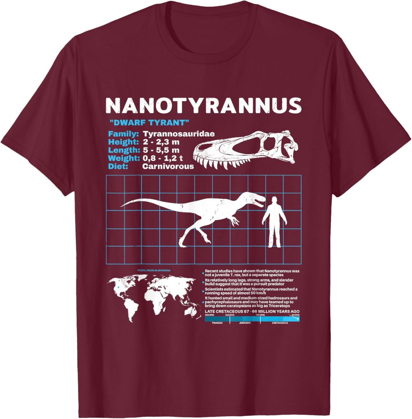 Nanotyrannus Fact Sheet Skull Fossil T-Shirt - T-Shirt | Maroon