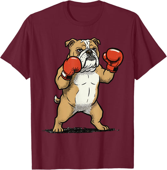 Boxing Bulldog Shirt Fighter Funny Animal Graphic Boxer Men T-Shirt - T-Shirt | Maroon