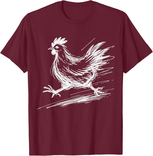 Running Chicken Scribble Line Art Sketch Funny Farm Animal T-Shirt - T-Shirt | Maroon