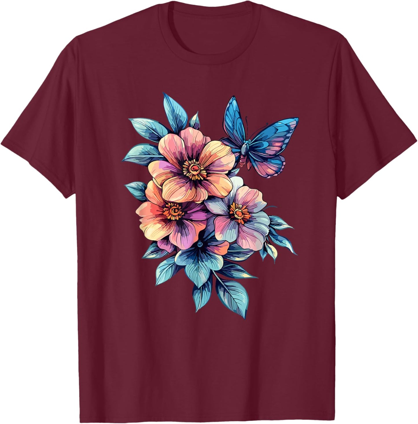 Butterfly with Colorful Spring Floral Bouquet T-Shirt - T-Shirt | Maroon
