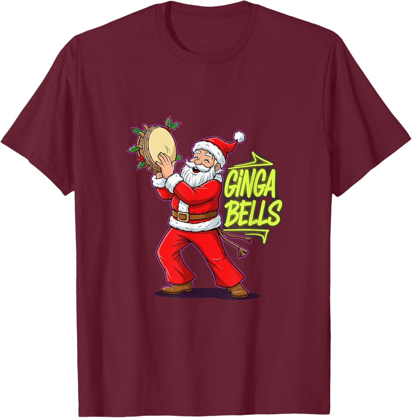 Ginga Bells Santa Brazilian Party Holiday Christmas Capoeira T-Shirt - T-Shirt | Maroon
