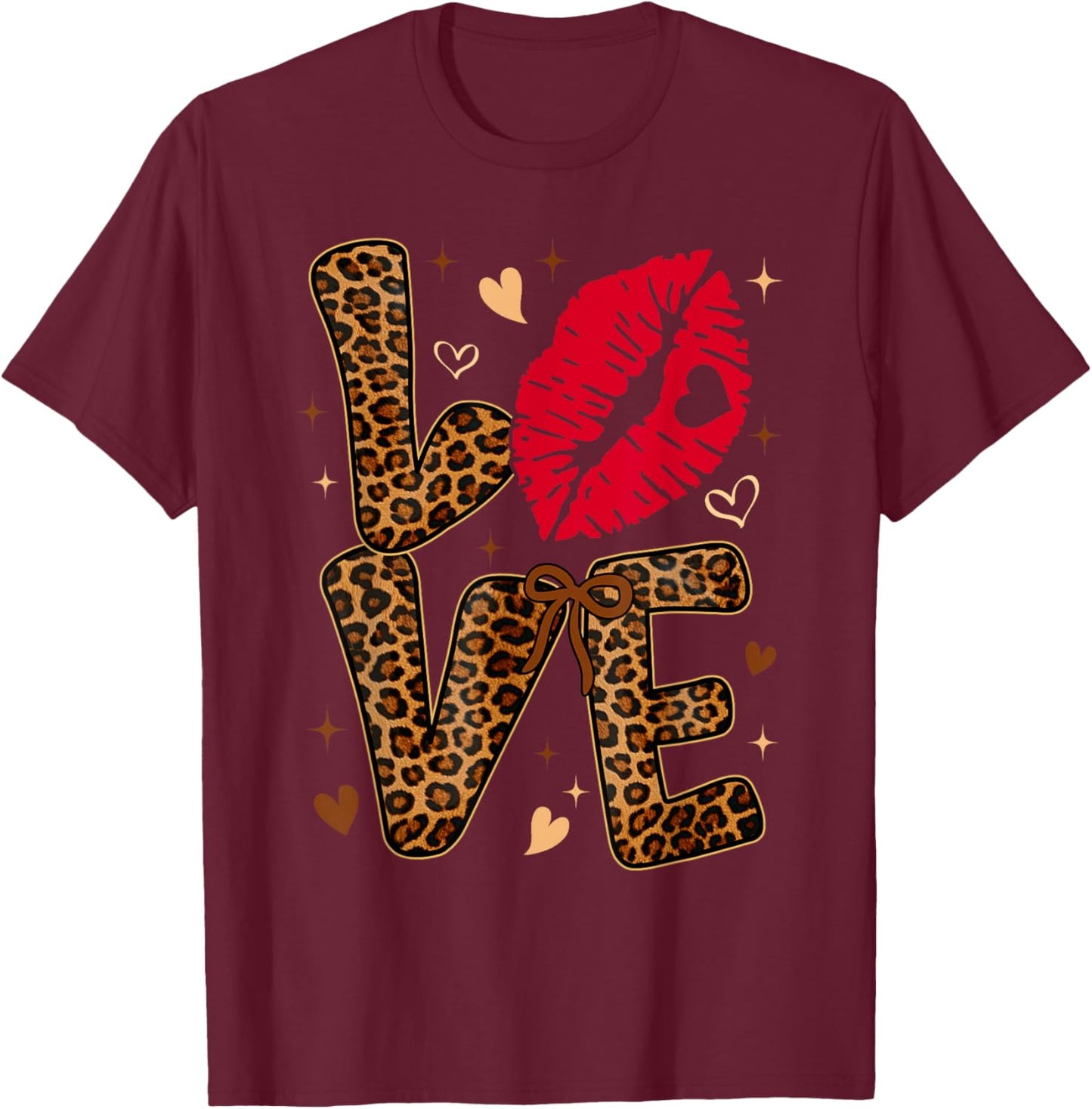 Valentine Leopard Print Love Red Lips Word Letter Girl Women T-Shirt - T-Shirt | Maroon