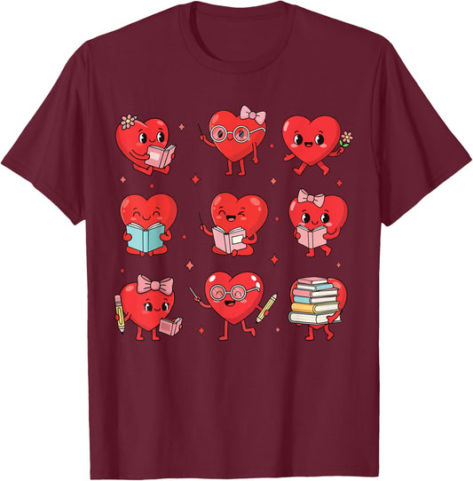 Cute Reading Hearts Valentine Day Book Lover Teacher Student T-Shirt - T-Shirt | Maroon