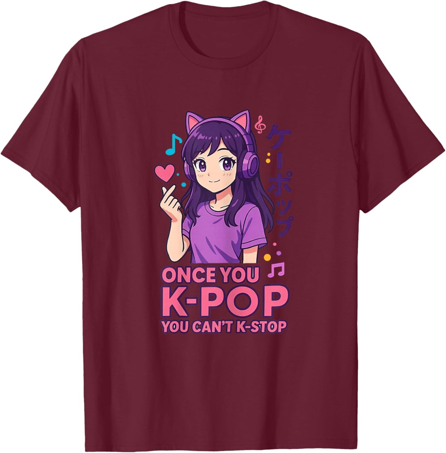 Cute Kawaii Girl with Cat Headphones Kpop Music Fans T-Shirt - T-Shirt | Maroon