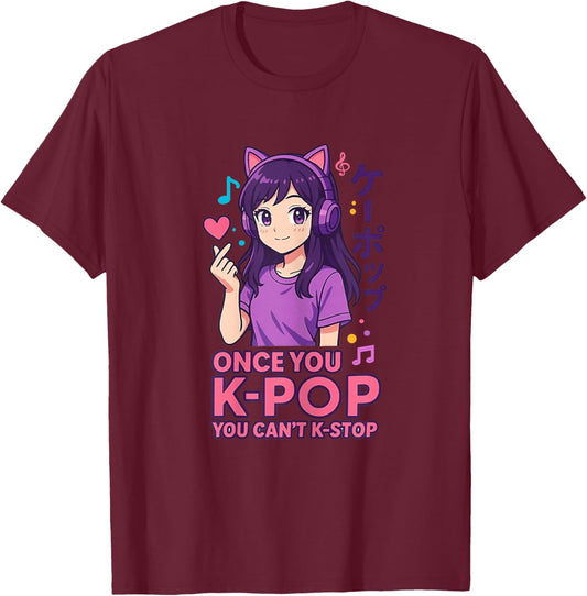 Cute Kawaii Girl with Cat Headphones Kpop Music Fans T-Shirt - T-Shirt | Maroon