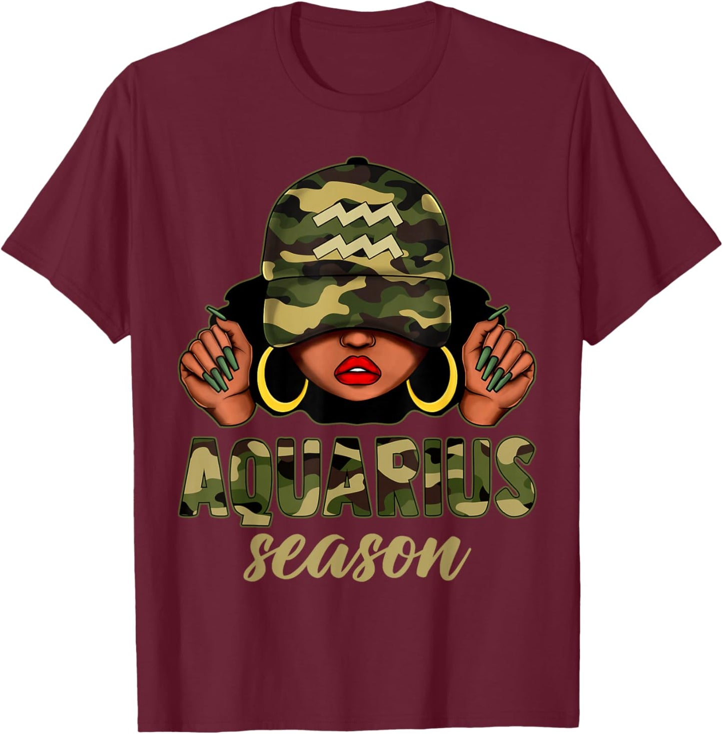 Aquarius Season Black Woman Camo Hat Afro Girl Zodiac T-Shirt - T-Shirt | Maroon