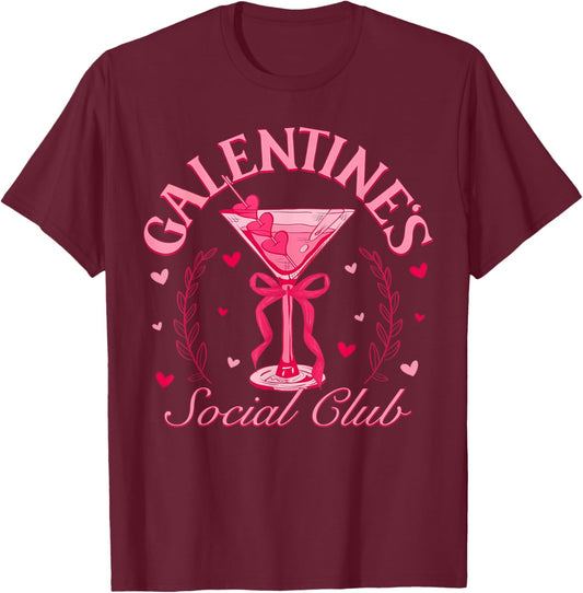 Galentine's Social Club Pink Coquette Bow Martini Hearts T-Shirt - T-Shirt | Maroon