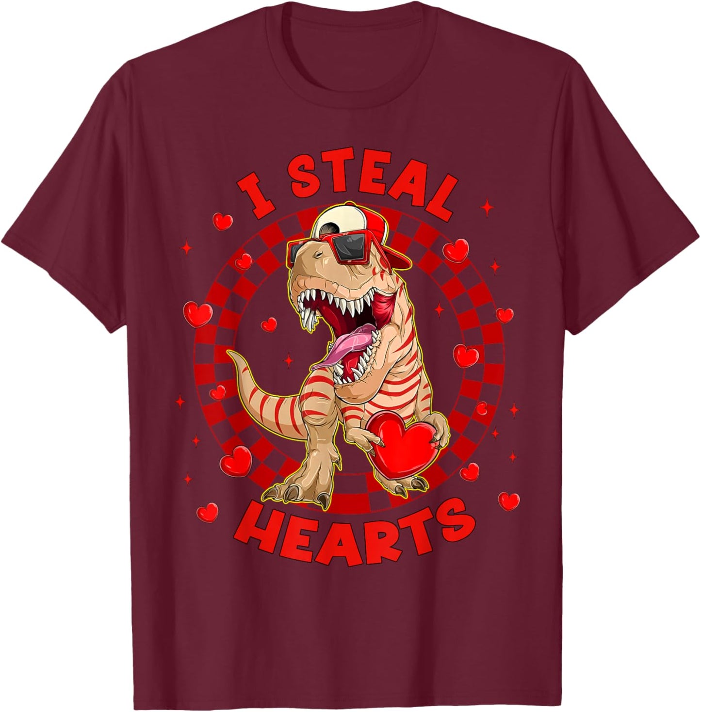 Happy Valentine I Steal Hearts Trex Funny Dinosaur Men Women T-Shirt - T-Shirt | Maroon