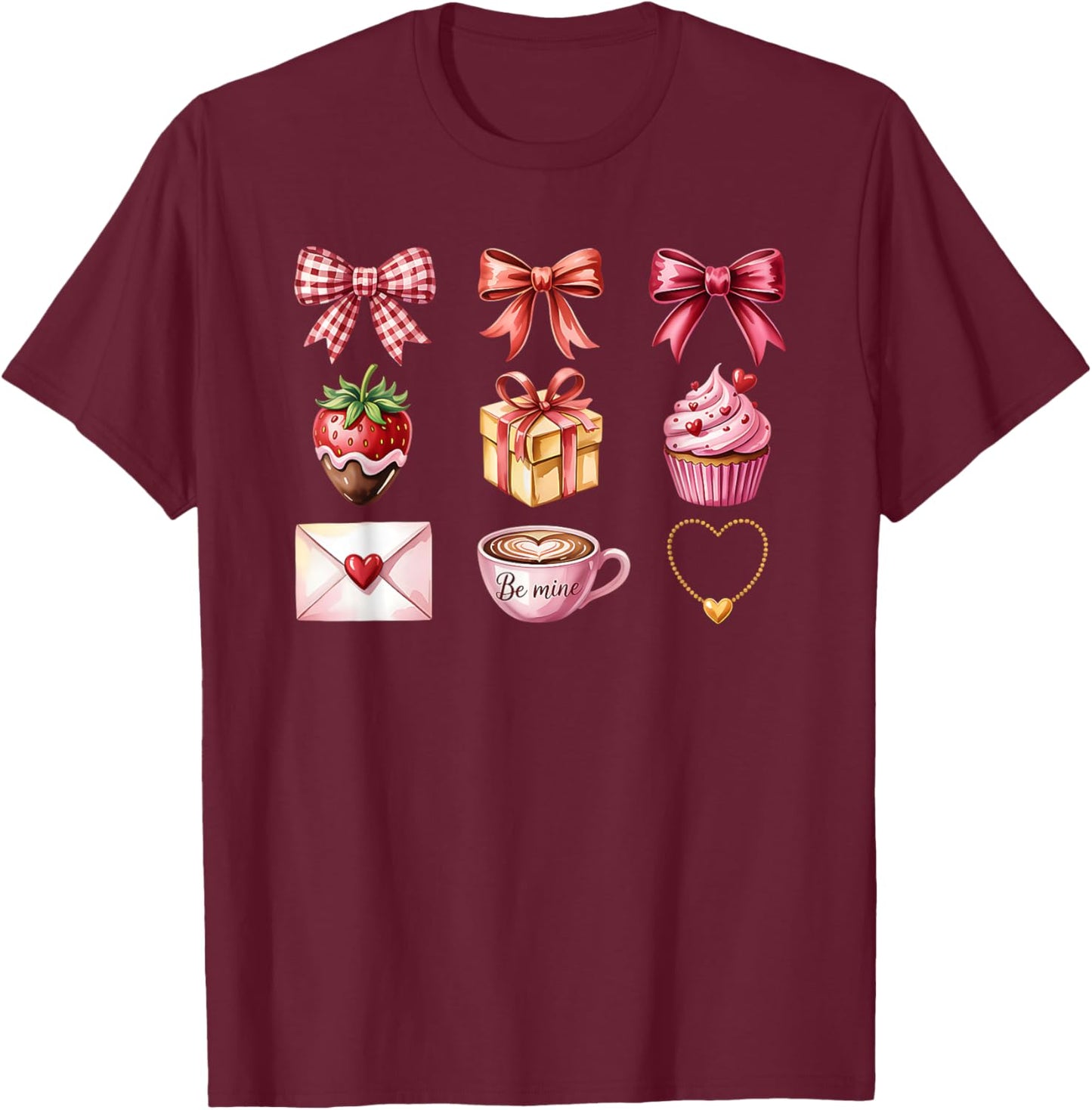 Valentine Croquette Aesthetic Bow Ribbon Strawberry Cupcake T-Shirt - T-Shirt | Maroon