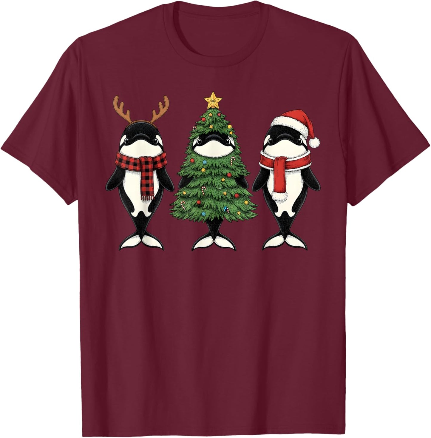 Retro Christmas Orca Whale Santa Reindeer T-Shirt - T-Shirt | Maroon