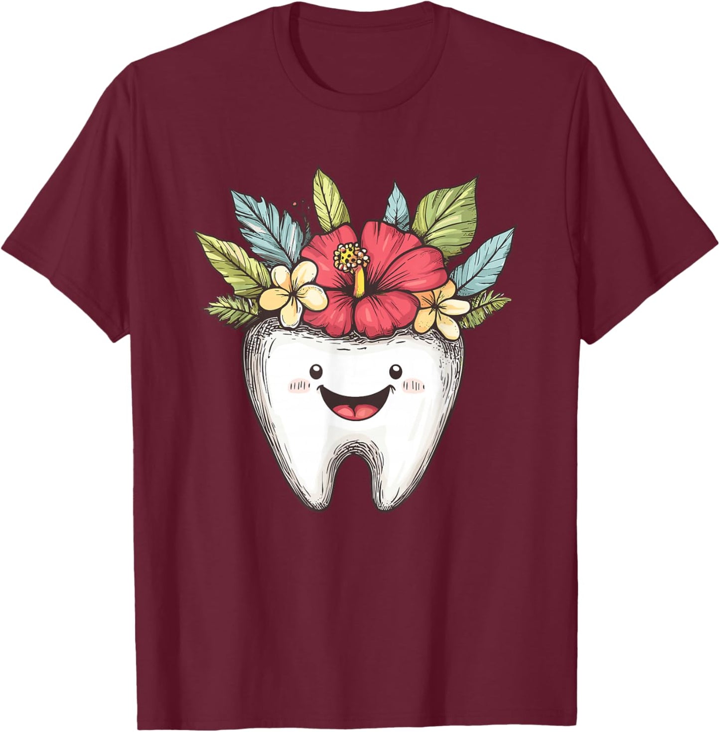 Kawaii Tooth with Tropical Flowers for Dentists T-Shirt - T-Shirt | Maroon