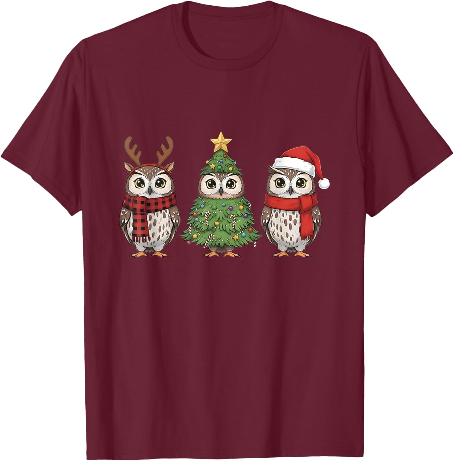 Santa Owl Christmas Tree Owl Lover Animal Xmas Pajama T-Shirt - T-Shirt | Maroon