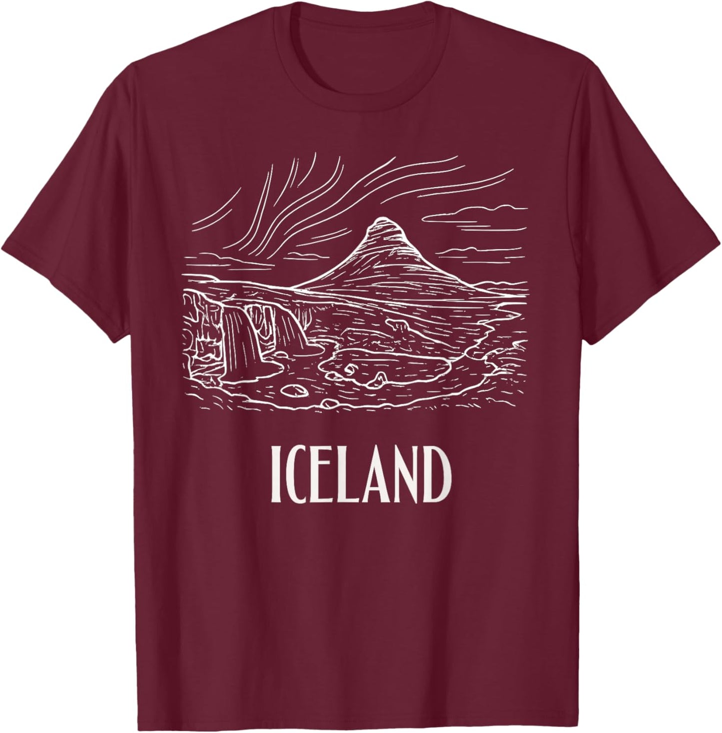 Iceland Retro Art Hiking Aurora Borealis Souvenir T-Shirt - T-Shirt | Maroon