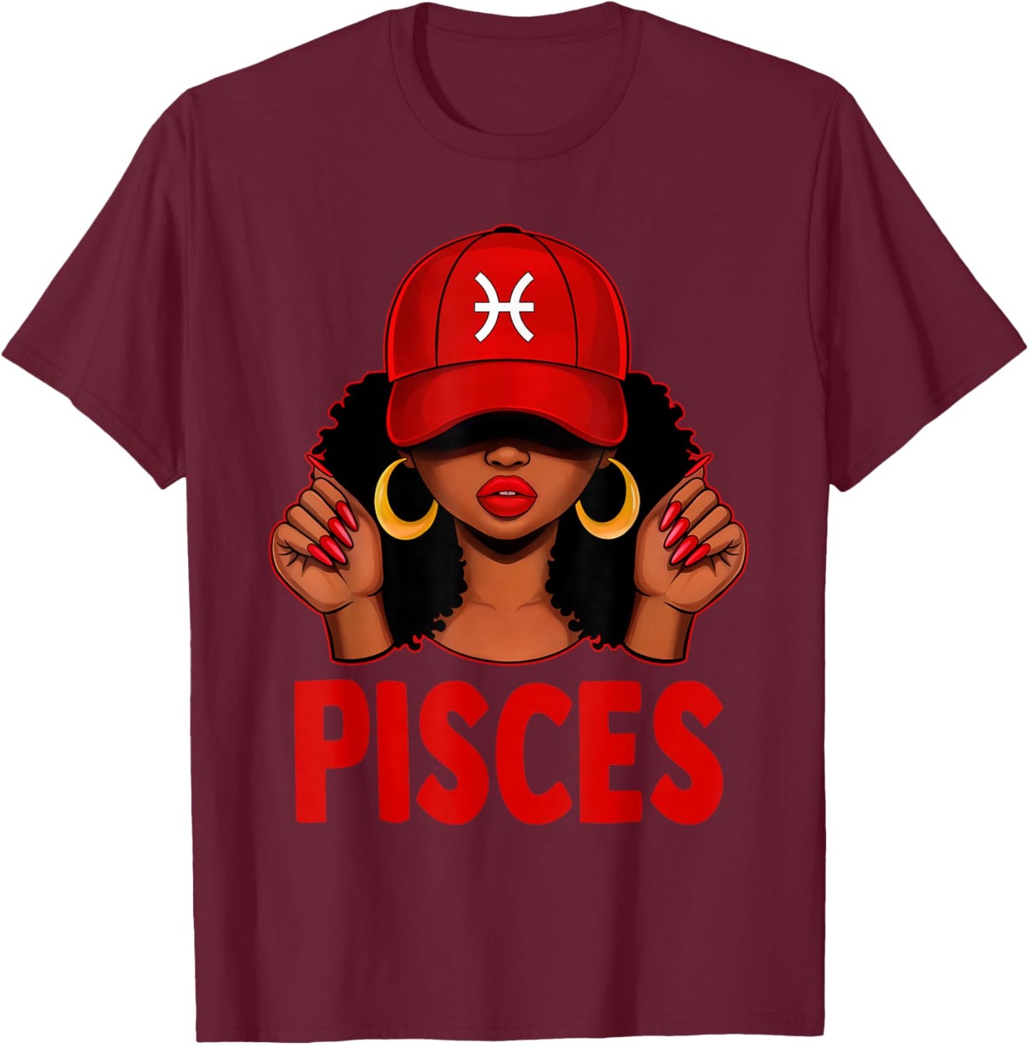 Pisces Girl Afro Women Red Cap Black Queen Zodiac T-Shirt - T-Shirt | Maroon