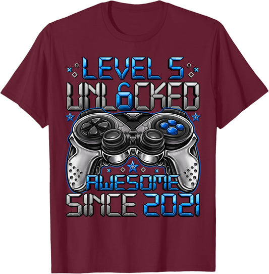 Level 5 Unlocked 5 Year Old Gifts Boys 5th Birthday Boy T-Shirt - T-Shirt | Maroon