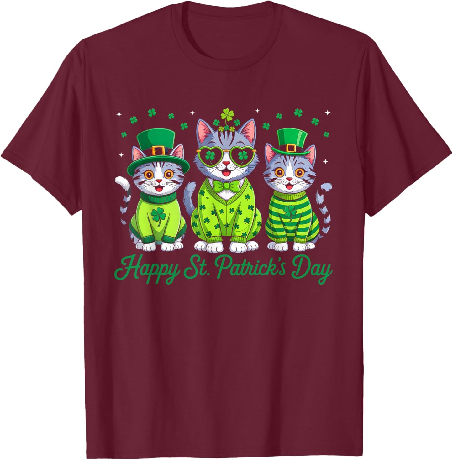 Happy St Patricks Day Cat Irish Lucky Shamrock Cat Lover T-Shirt - T-Shirt | Maroon